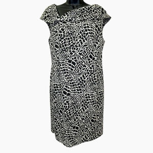 Kim Rogers Petite Womens 12P Dress Animal Print Bateau Neck Stretch Black White